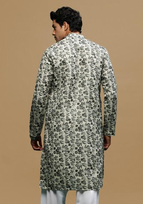 Green Printed Linen Cotton Kurta For Men