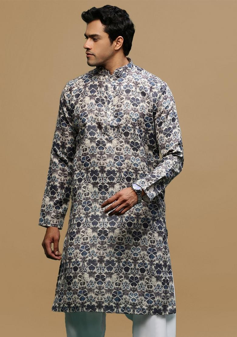 Grey Printed Linen Cotton Kurta For Men
