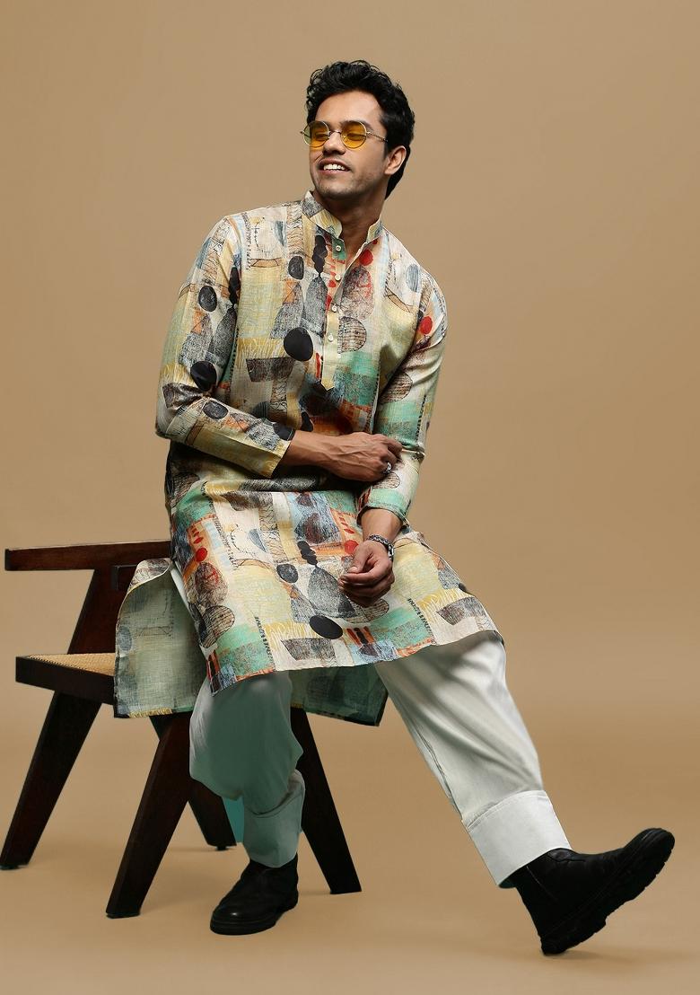 Yellow Printed Linen Cotton Kurta For Men