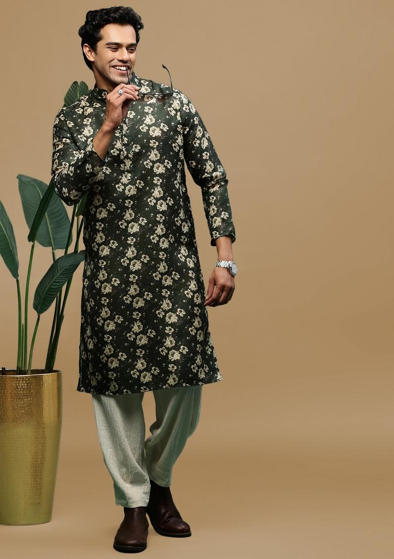 Green Printed Linen Cotton Kurta For Men