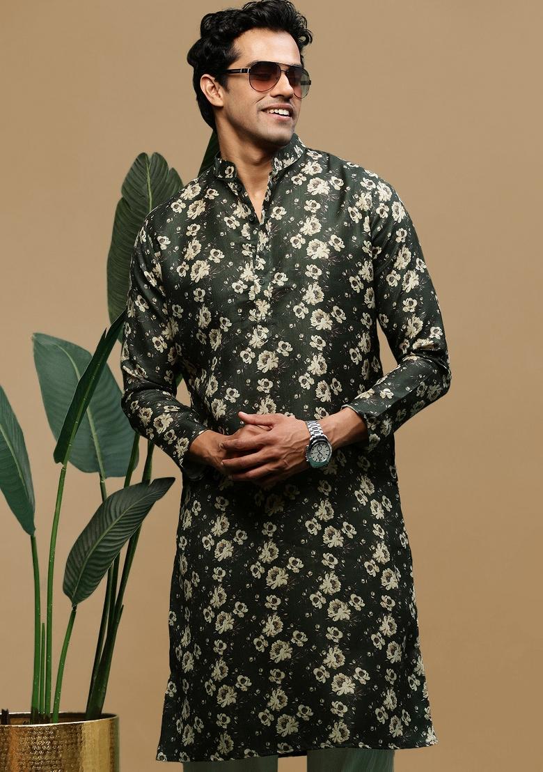 Green Printed Linen Cotton Kurta For Men
