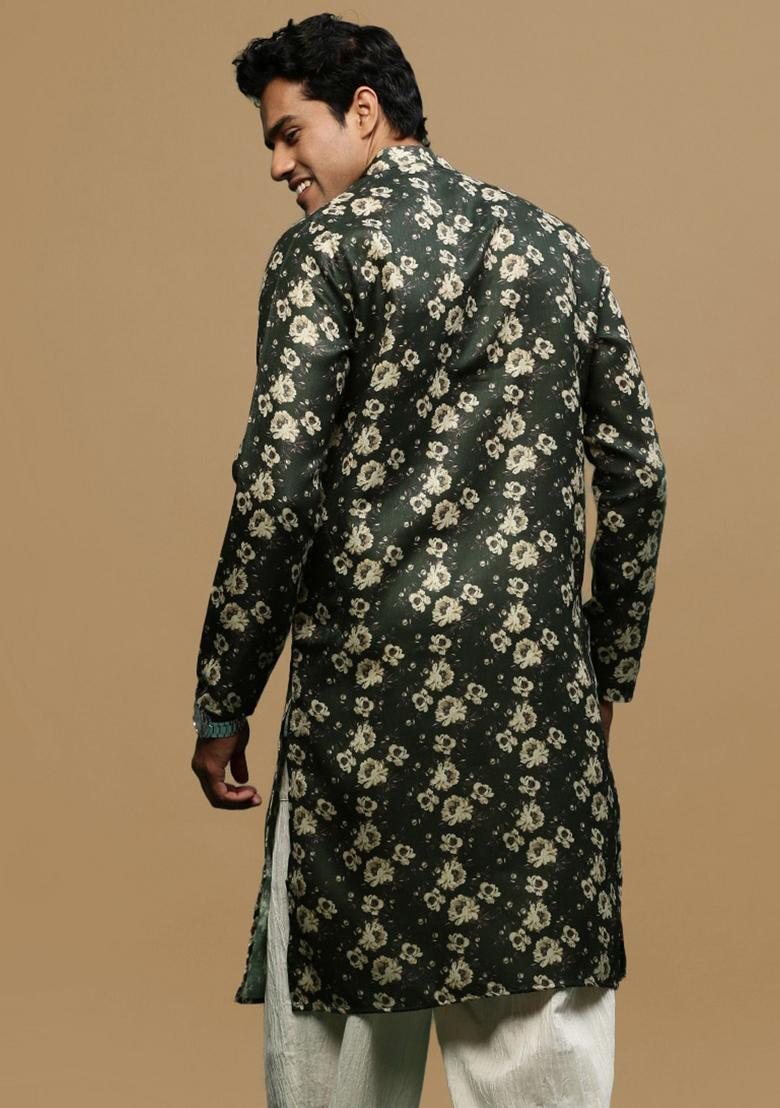 Green Printed Linen Cotton Kurta For Men