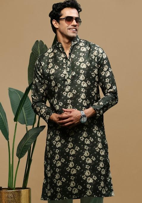Green Printed Linen Cotton Kurta For Men