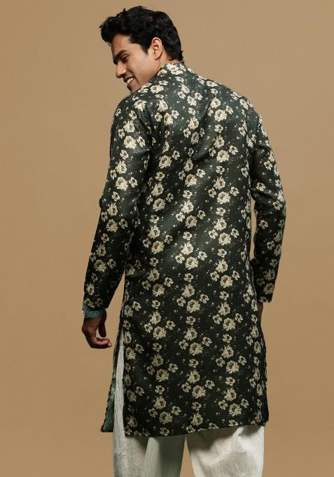 Green Printed Linen Cotton Kurta For Men