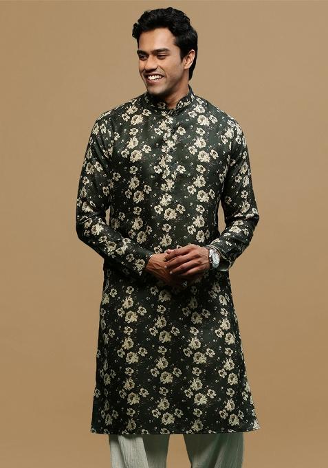 Green Printed Linen Cotton Kurta For Men