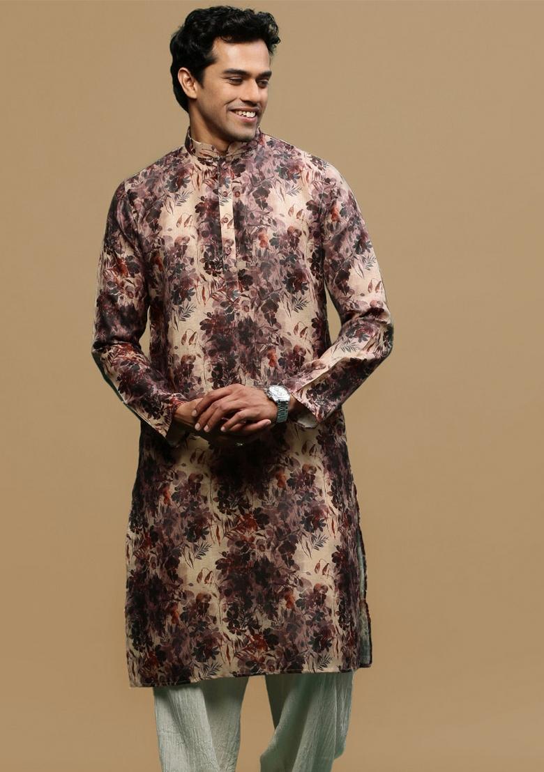 Pink Printed Linen Cotton Kurta For Men
