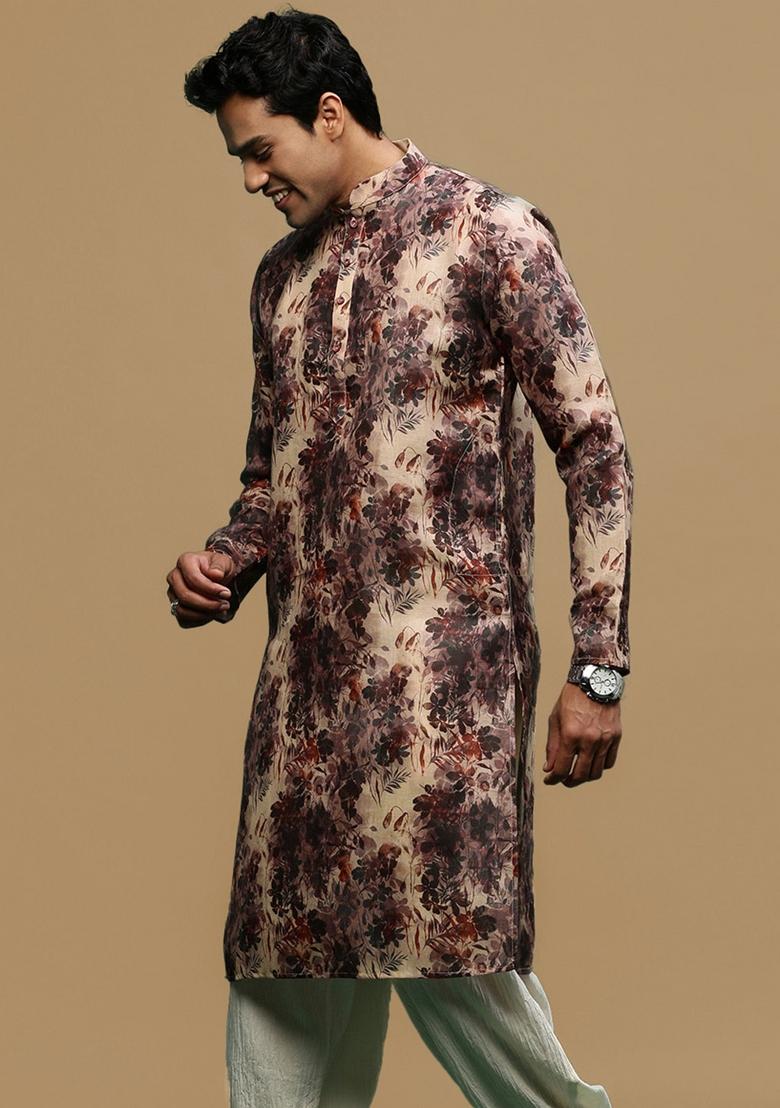 Pink Printed Linen Cotton Kurta For Men