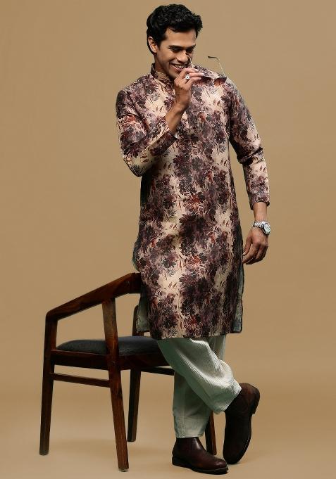 Pink Printed Linen Cotton Kurta For Men