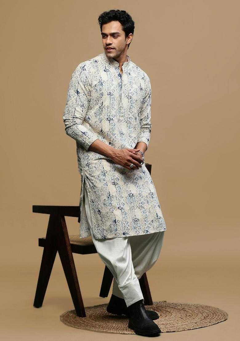 Blue Chikankari Cotton Kurta For Men