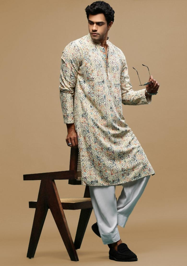 Blue Chikankari Cotton Kurta For Men