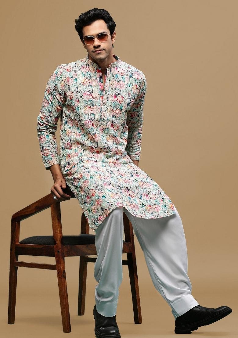 Blue Chikankari Cotton Kurta For Men