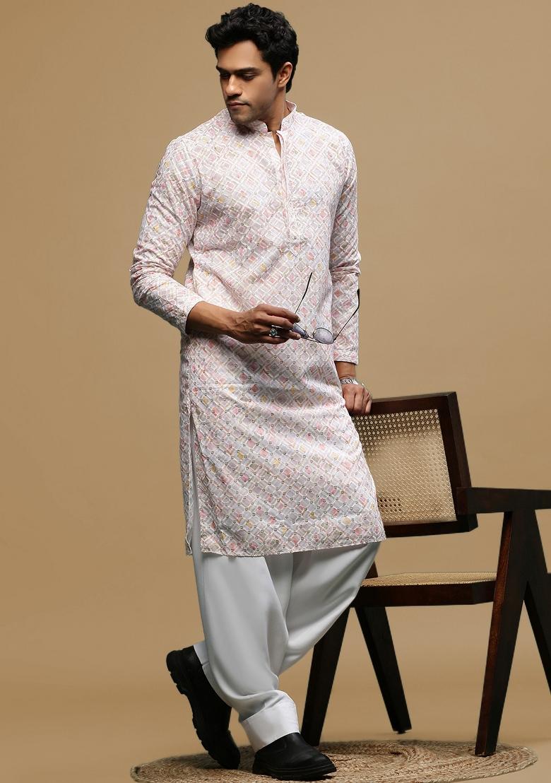 Pink Chikankari Cotton Kurta For Men