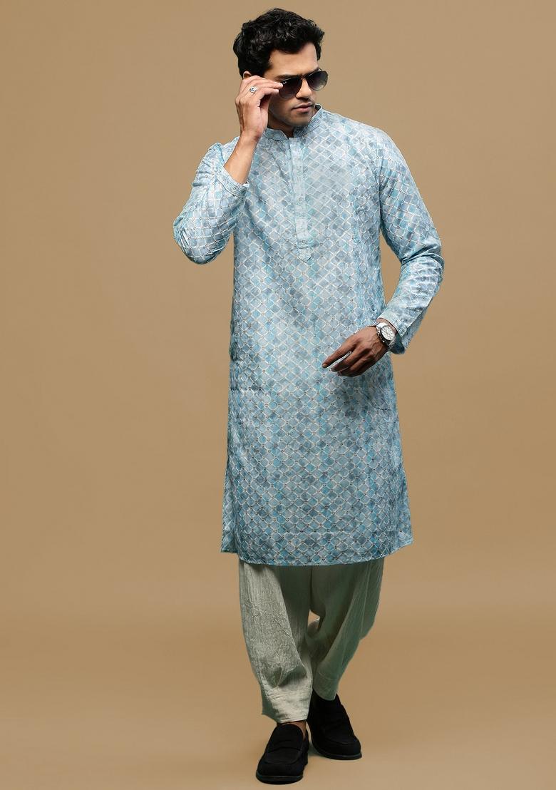 Blue Chikankari Cotton Kurta For Men