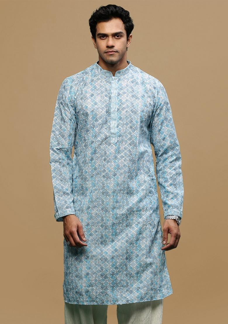 Blue Chikankari Cotton Kurta For Men