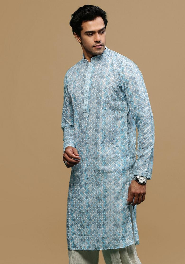 Blue Chikankari Cotton Kurta For Men