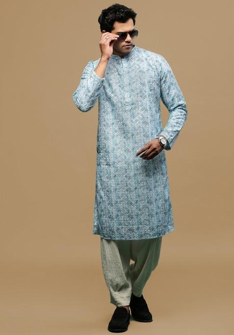 Blue Chikankari Cotton Kurta For Men