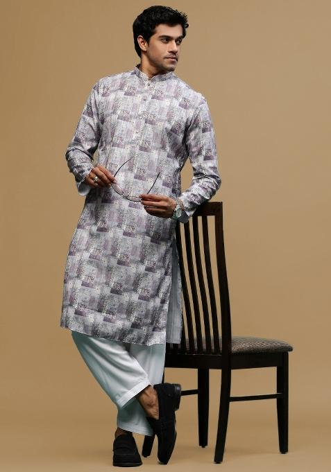 Pink Printed Cotton Kurta For Men