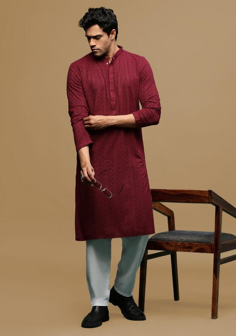 Maroon Chikankari Cotton Kurta For Men