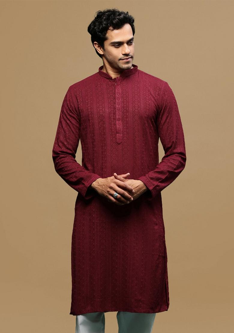 Maroon Chikankari Cotton Kurta For Men