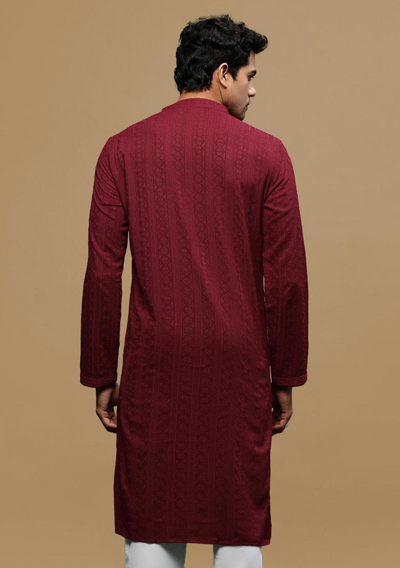 Maroon Chikankari Cotton Kurta For Men