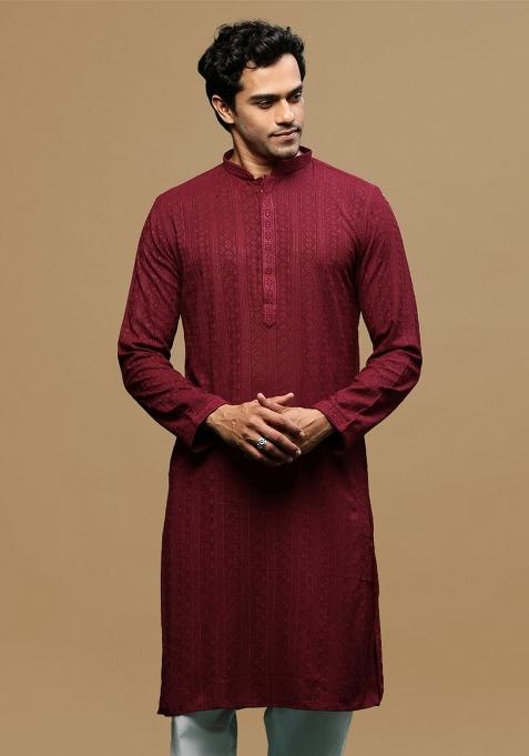 Maroon Chikankari Cotton Kurta For Men