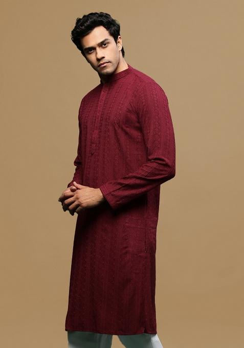 Maroon Chikankari Cotton Kurta For Men