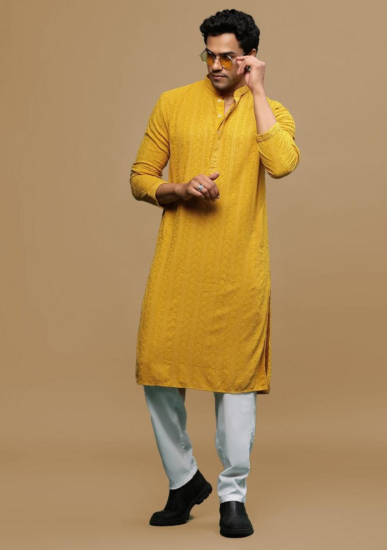Yellow Chikankari Cotton Kurta For Men