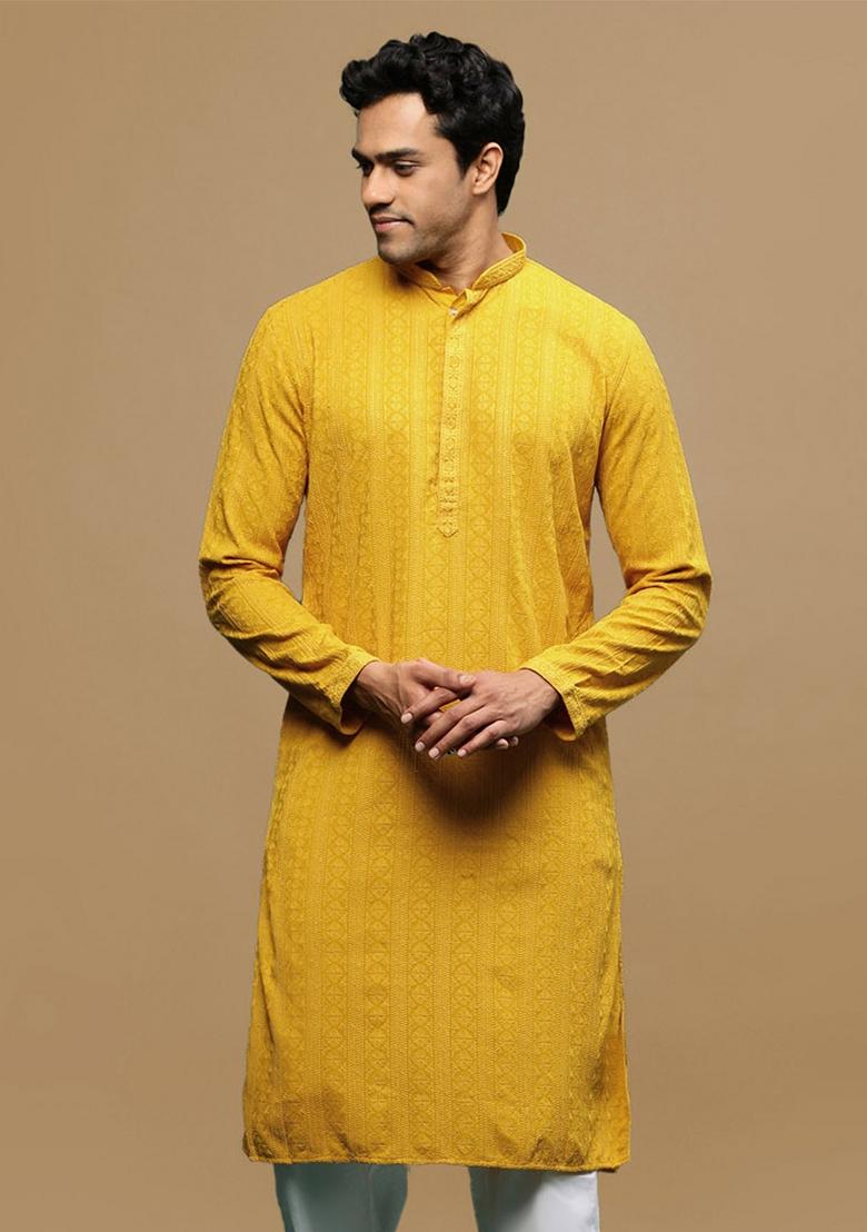 Yellow Chikankari Cotton Kurta For Men