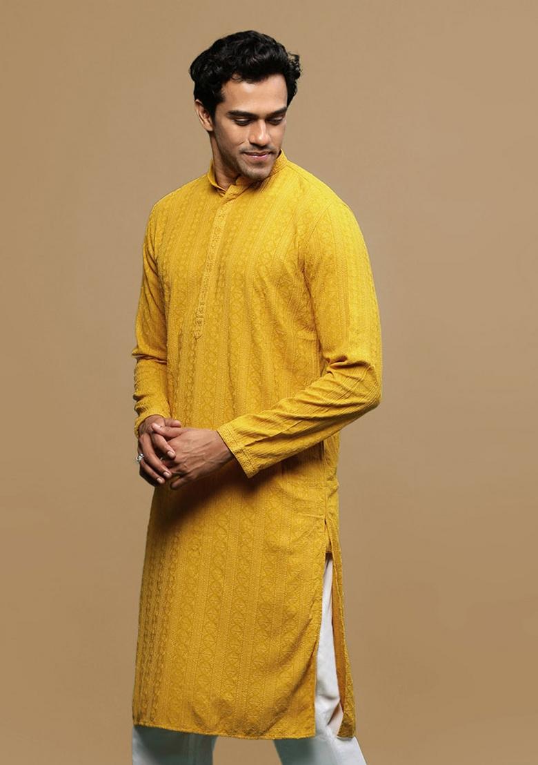 Yellow Chikankari Cotton Kurta For Men