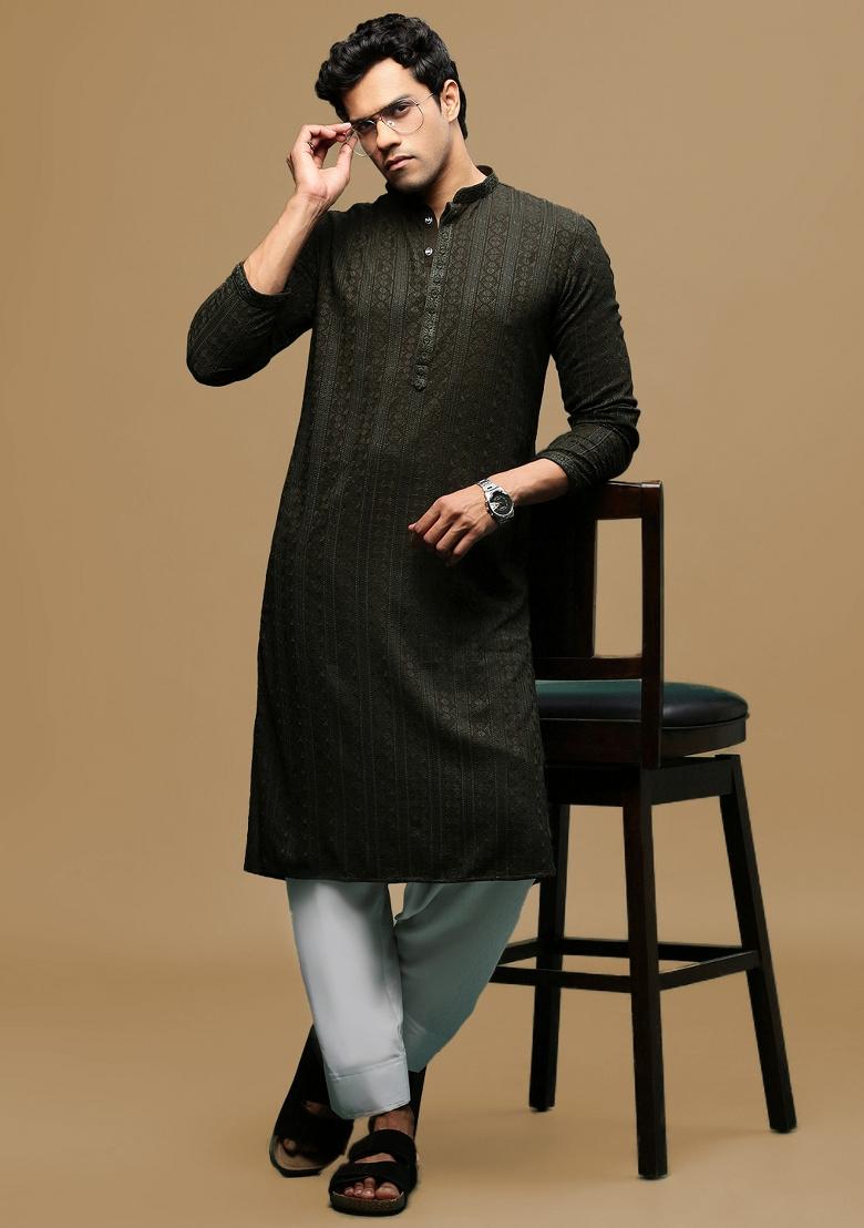 Green Chikankari Cotton Kurta For Men