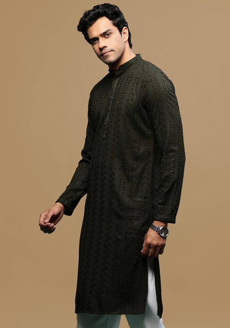 Green Chikankari Cotton Kurta For Men