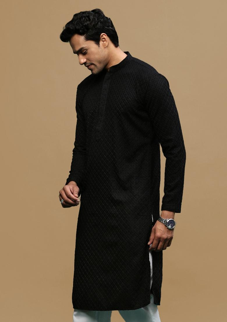 Black Chikankari Cotton Kurta For Men