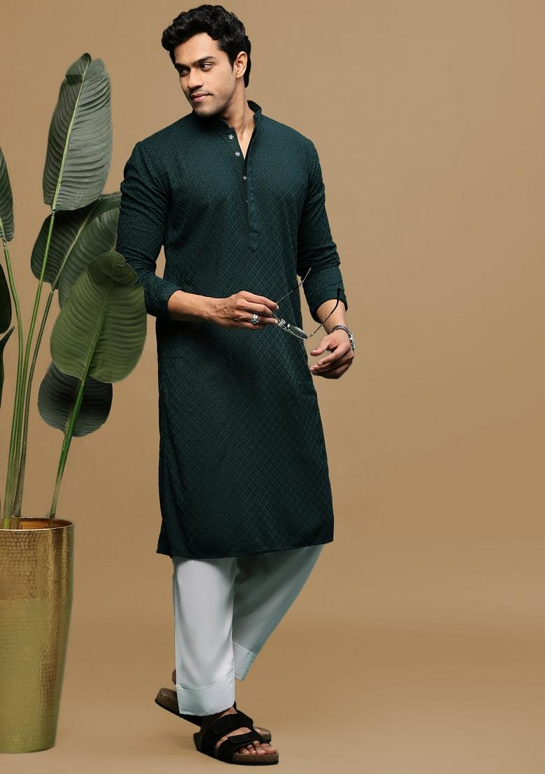 Green Chikankari Cotton Kurta For Men