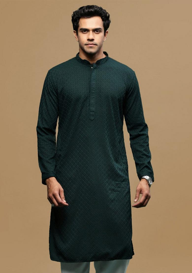 Green Chikankari Cotton Kurta For Men