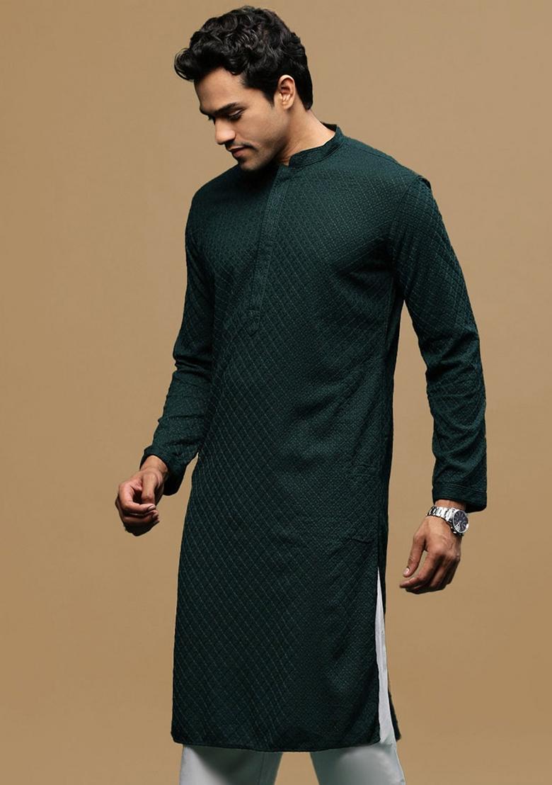 Green Chikankari Cotton Kurta For Men