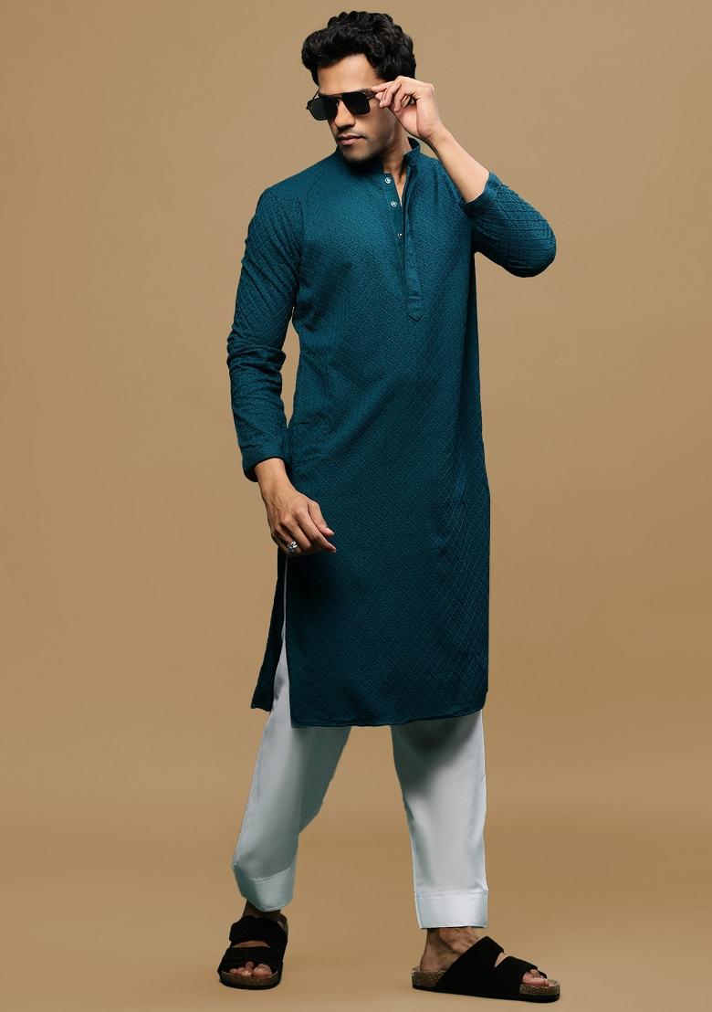 Green Chikankari Cotton Kurta For Men