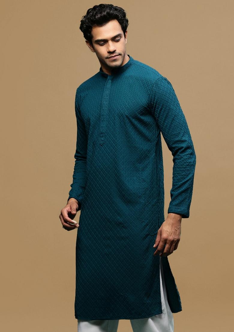 Green Chikankari Cotton Kurta For Men