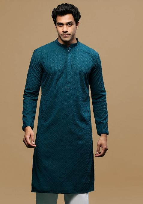 Green Chikankari Cotton Kurta For Men