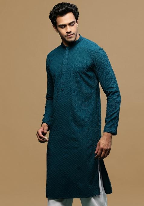 Green Chikankari Cotton Kurta For Men