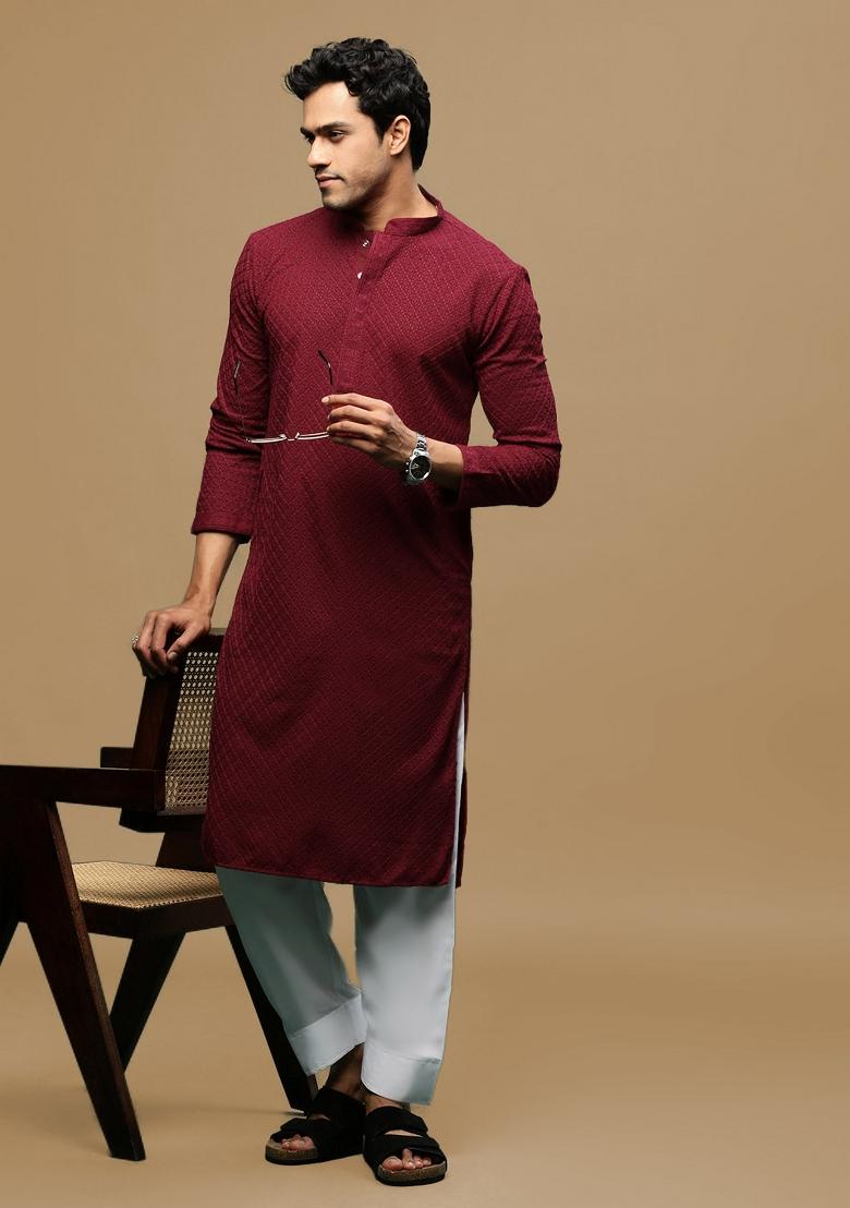 Maroon Chikankari Cotton Kurta For Men