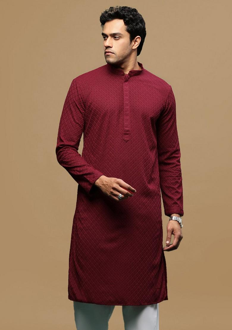 Maroon Chikankari Cotton Kurta For Men
