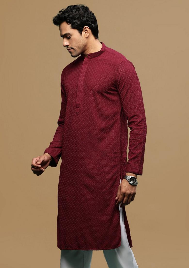 Maroon Chikankari Cotton Kurta For Men