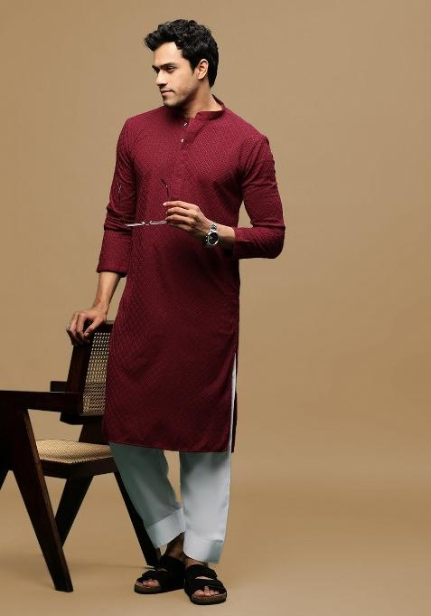 Maroon Chikankari Cotton Kurta For Men