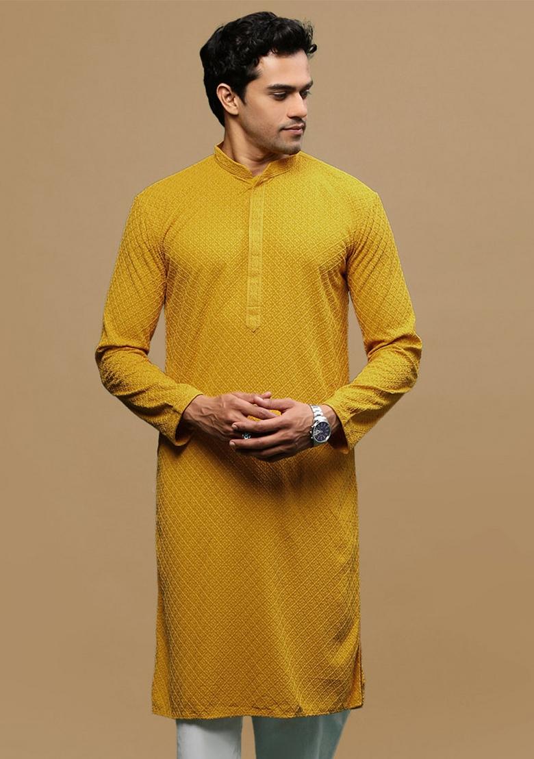 Yellow Chikankari Cotton Kurta For Men