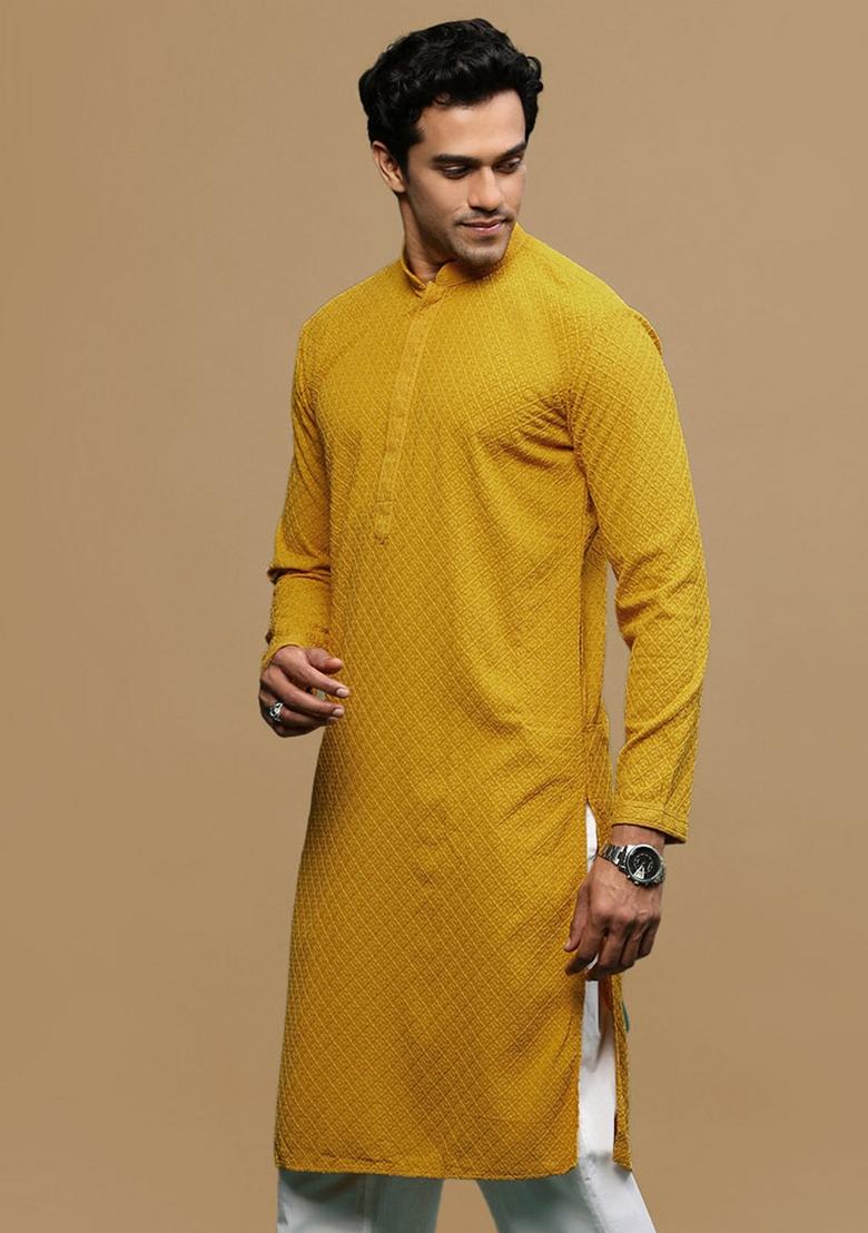 Yellow Chikankari Cotton Kurta For Men