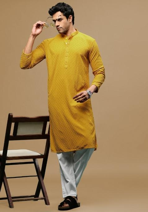 Yellow Chikankari Cotton Kurta For Men