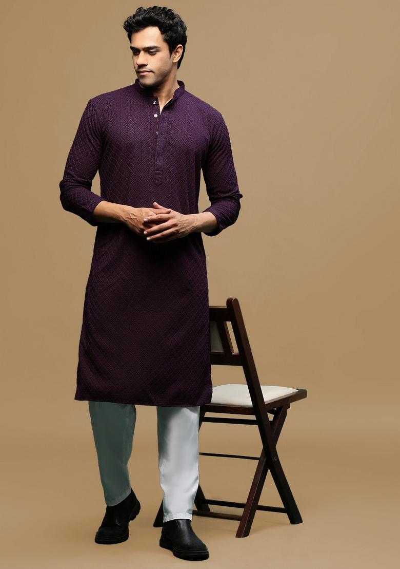 Purple Chikankari Cotton Kurta For Men