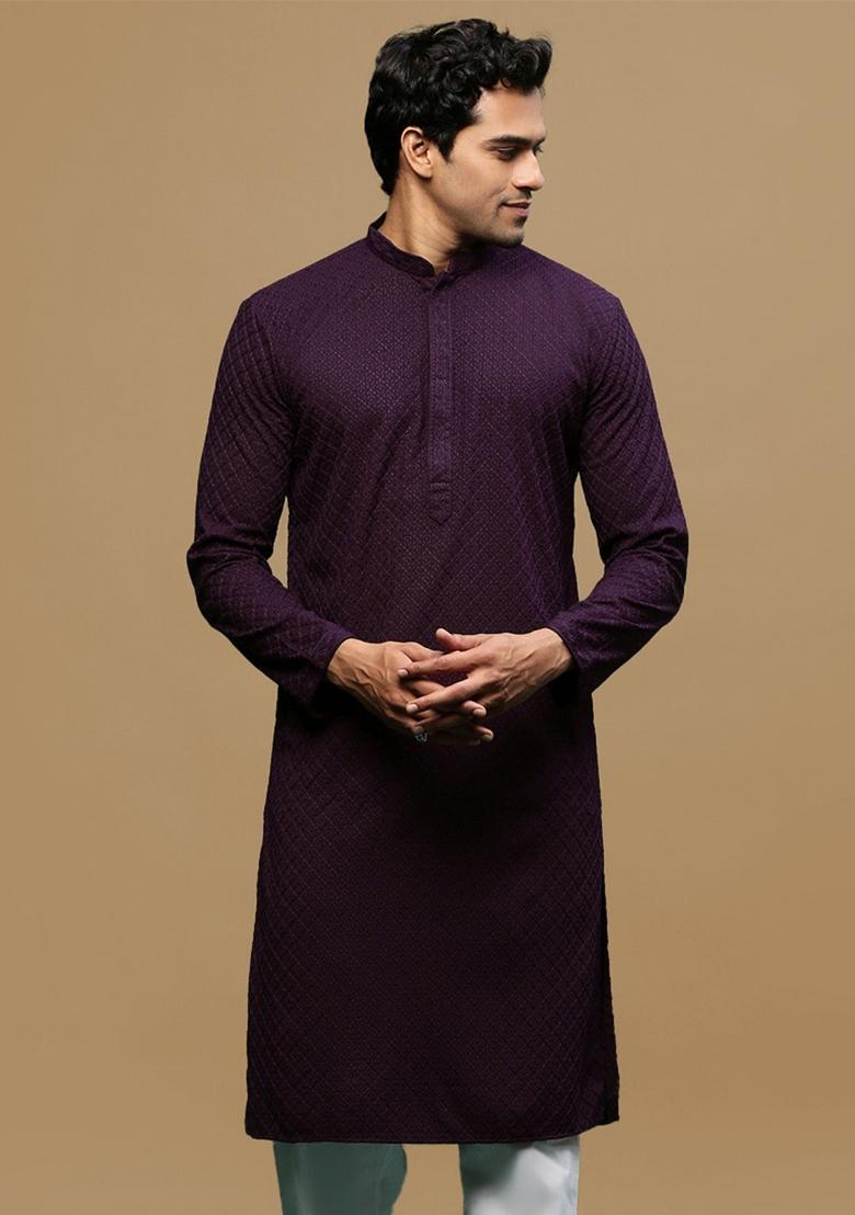 Purple Chikankari Cotton Kurta For Men