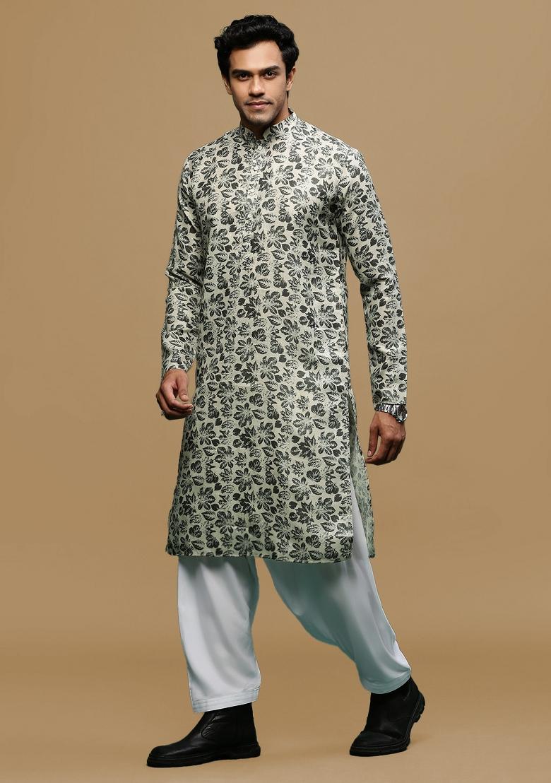 Green Printed Linen Cotton Kurta Sets For Men