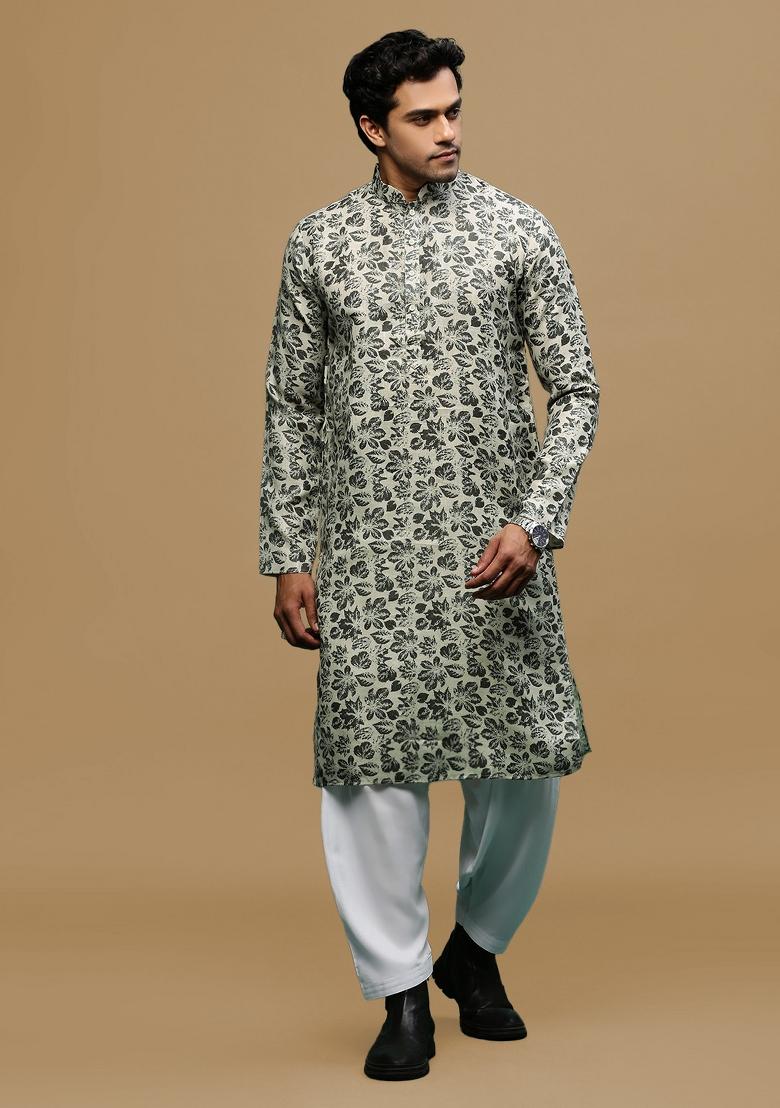 Green Printed Linen Cotton Kurta Sets For Men